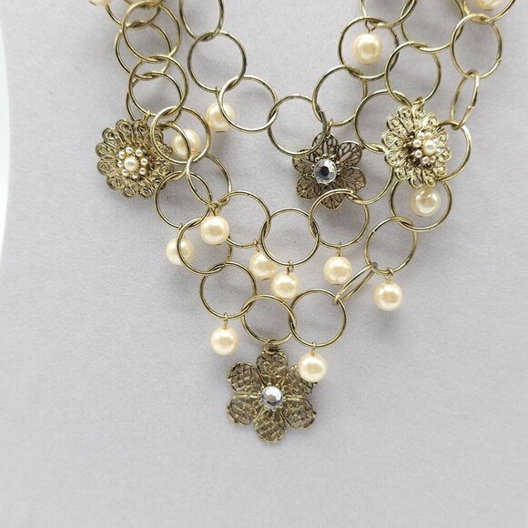 Vintage Multi Strand Gold Tone Necklace With Faux Pearls & Floral Accents - Picture 2 of 5